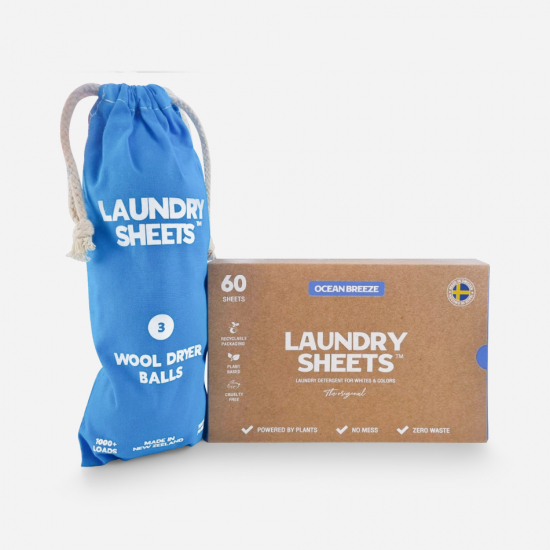 Laundry Sheets - Ocean Breeze, 60 tvättar och Wool Dryer Balls, 1-Pack